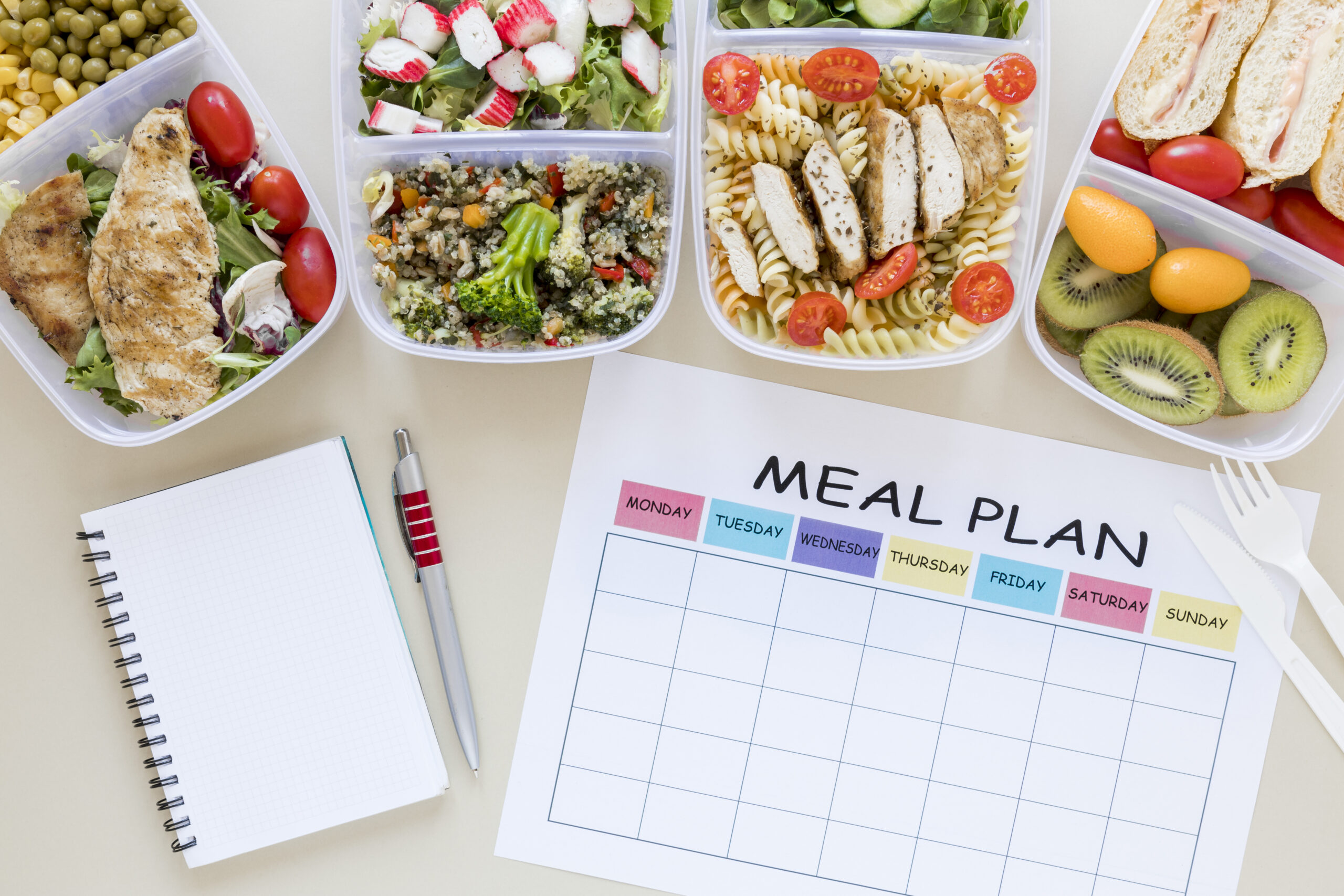 top view assortment food with planner